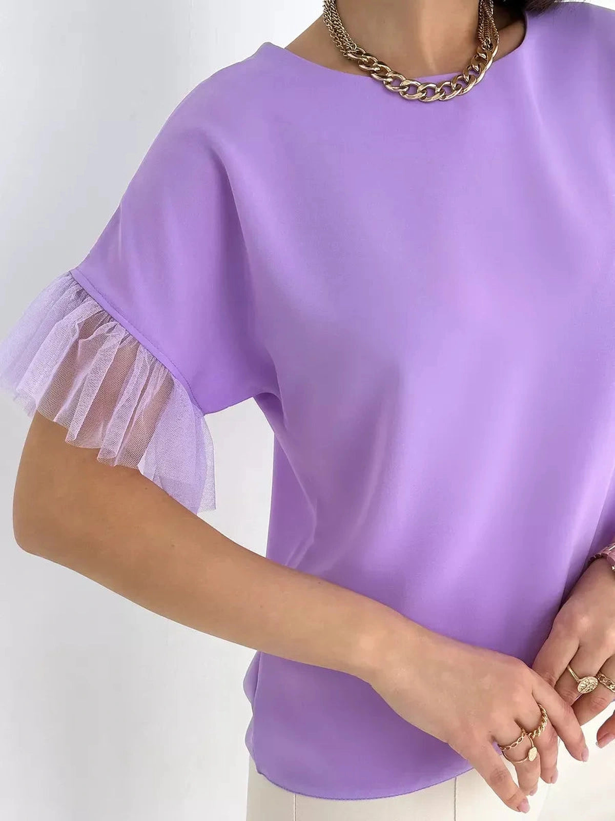 Lavande Blouse by Lauven in lilac, featuring sheer ruffle sleeves for a sophisticated style.