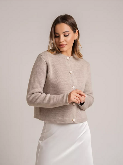 Alba Cardigan by Lauven, a beige short loose fit knit with decorative buttons, perfect for autumn elegance.