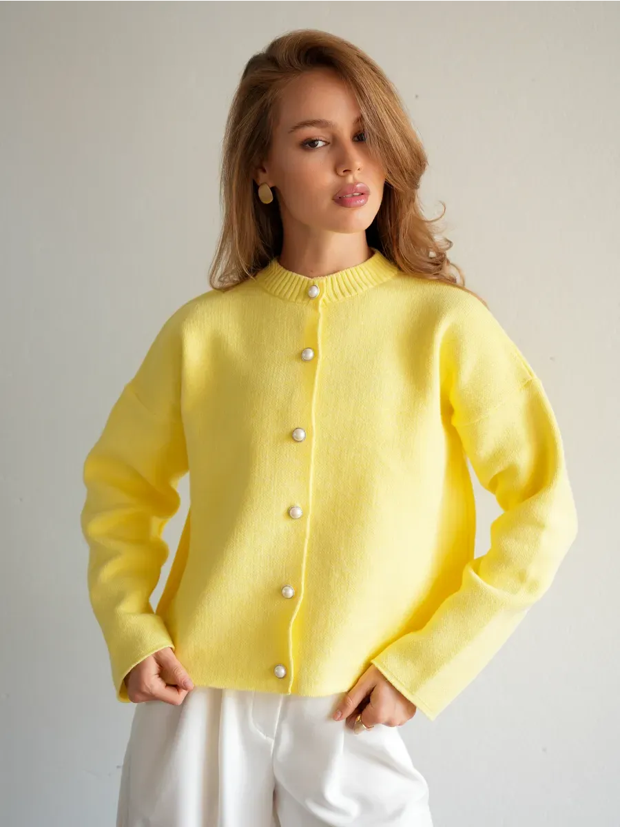 Lemonade Cardigan by Lauven - Warm yellow knitwear with button closure, perfect for school and office wear.