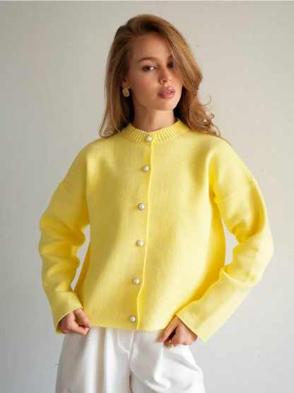 Lemonade Cardigan by Lauven - Warm yellow knitwear with button closure, perfect for school and office wear.