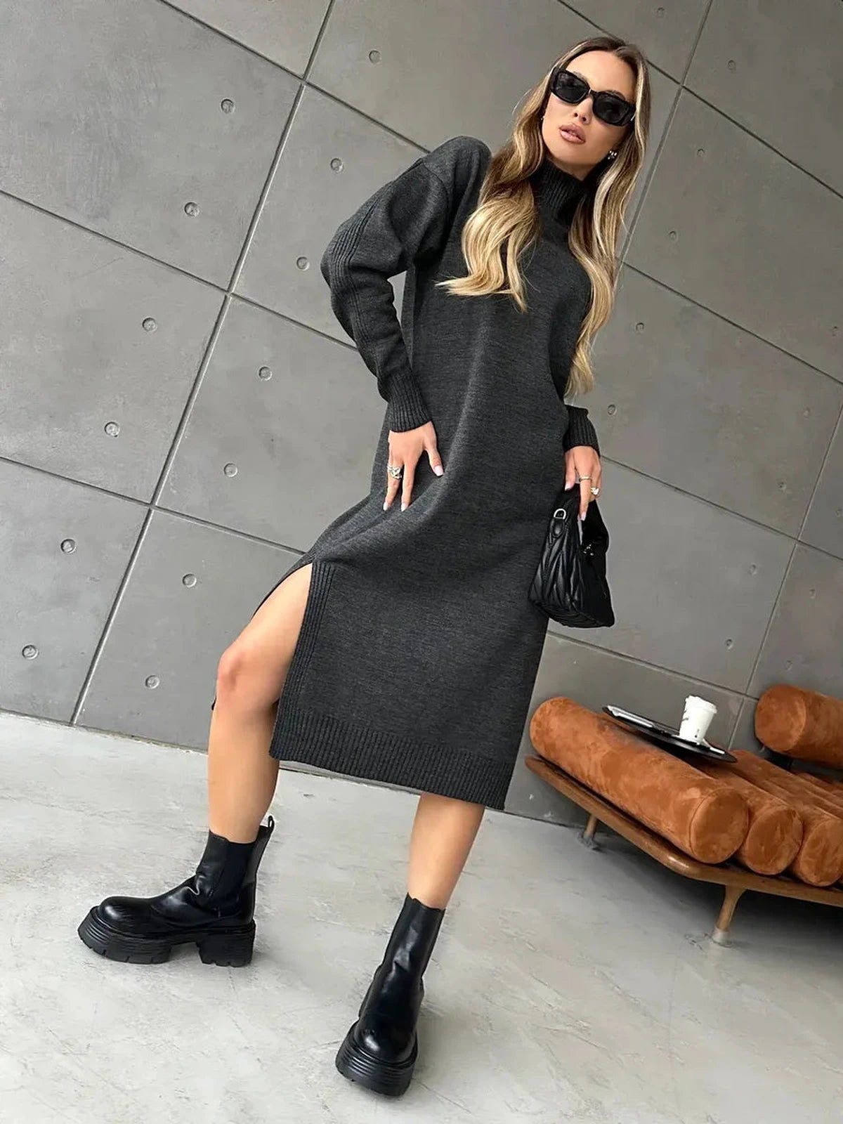 Asteria Midi Dress by Lauven, featuring a cozy knit texture, high ribbed collar, long sleeves, and side slit for effortless chic.