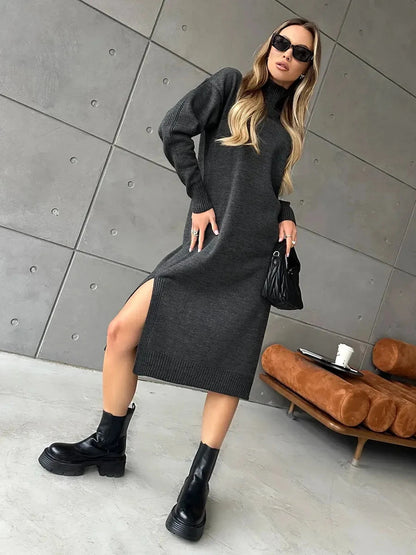 Asteria Midi Dress by Lauven, featuring a cozy knit texture, high ribbed collar, long sleeves, and side slit for effortless chic.