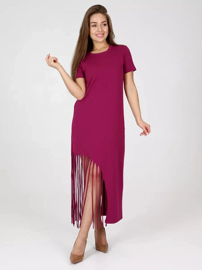 Riviera Midi Dress by Lauven, featuring a relaxed fit, fringe hem, and made from soft cotton jersey.