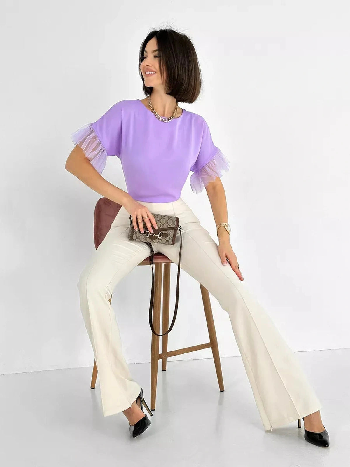 Lavande Blouse by Lauven: Lilac short sleeve blouse with sheer ruffle detail, perfect for casual and workwear styling.