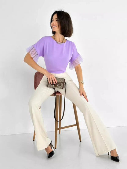 Lavande Blouse by Lauven: Lilac short sleeve blouse with sheer ruffle detail, perfect for casual and workwear styling.
