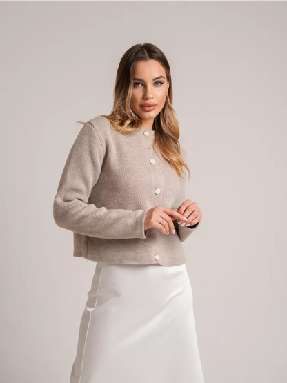 Alba Cardigan by Lauven - Beige short loose fit knit with decorative buttons, ideal for autumn wear.