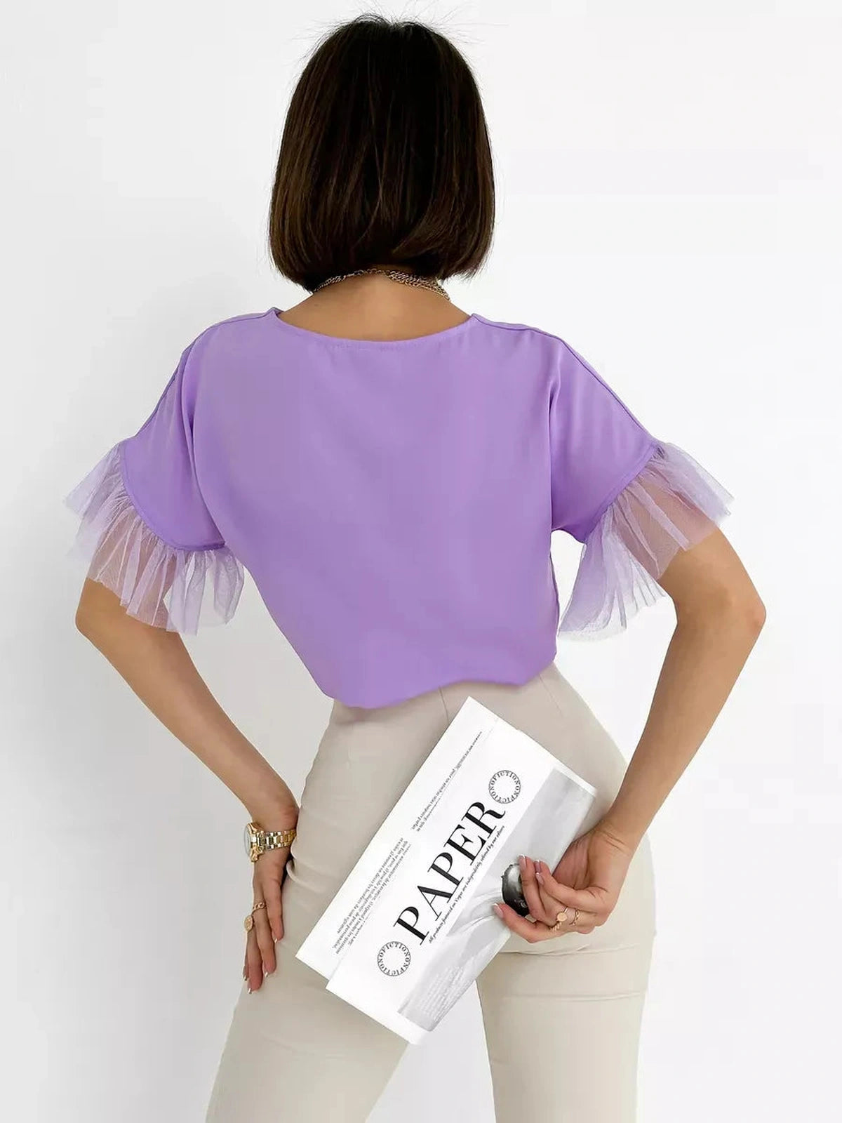 Lavande Blouse from Lauven, showcasing a lilac short sleeve top with sheer ruffle detail and a relaxed silhouette.