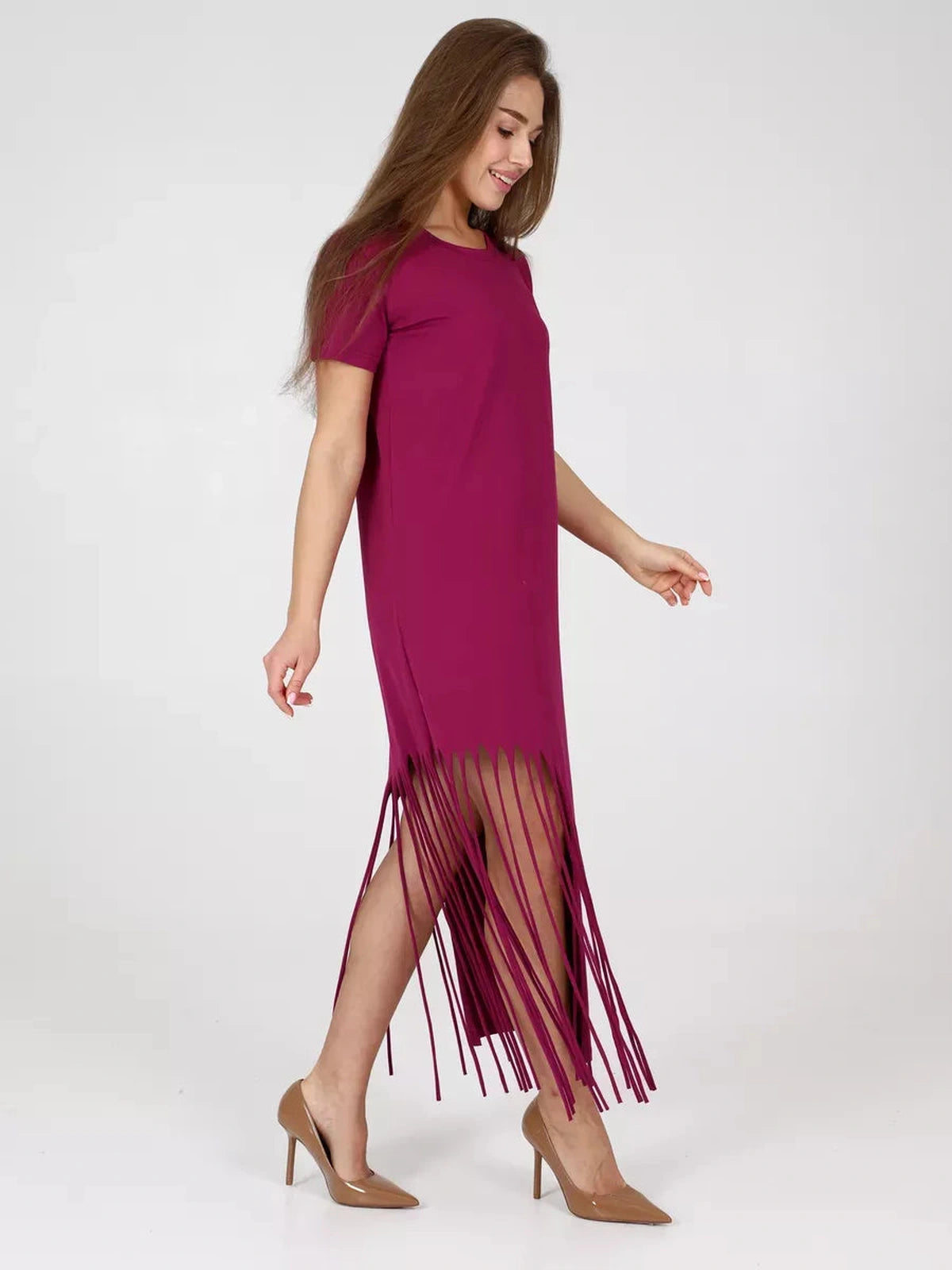 Riviera Midi Dress by Lauven in vibrant magenta featuring a playful fringe hem and relaxed fit for stylish comfort.