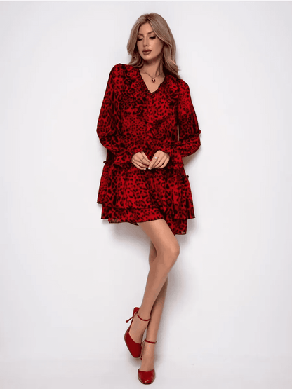 Savanna Mini Dress by Lauven showcasing a red leopard chiffon design, perfect for bold and elegant style.
