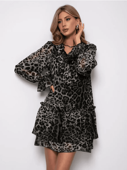 Lunara Mini Dress by Lauven, featuring a metallic gray leopard chiffon design with elegant A-line silhouette.