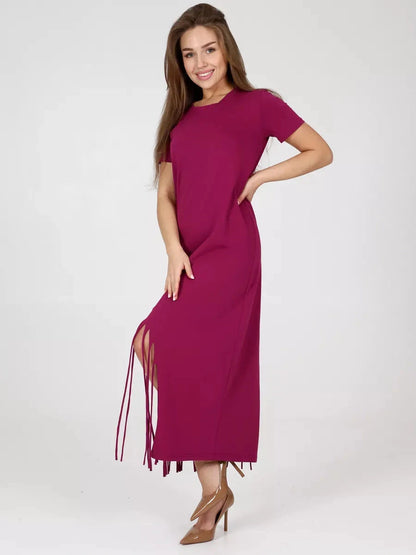 Riviera Midi Dress by Lauven, cotton jersey dress with fringe hem and relaxed fit in a vibrant magenta color.