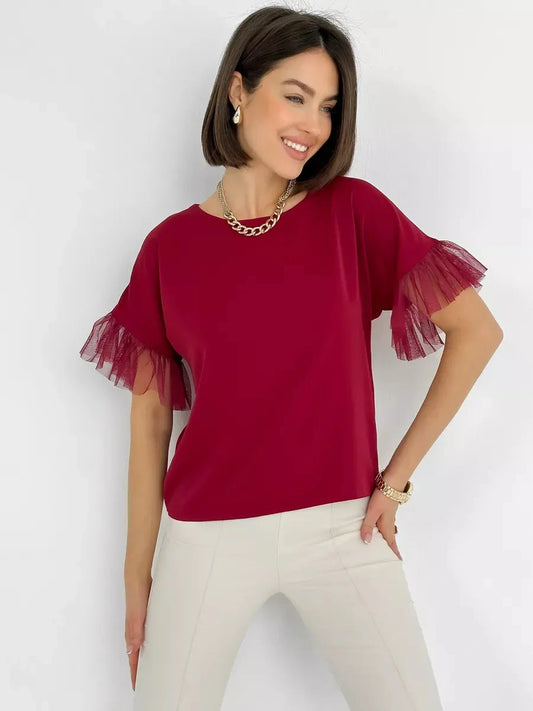 Velora Blouse by Lauven - Burgundy short sleeve blouse with sheer ruffle sleeves, perfect for elegant fashion.