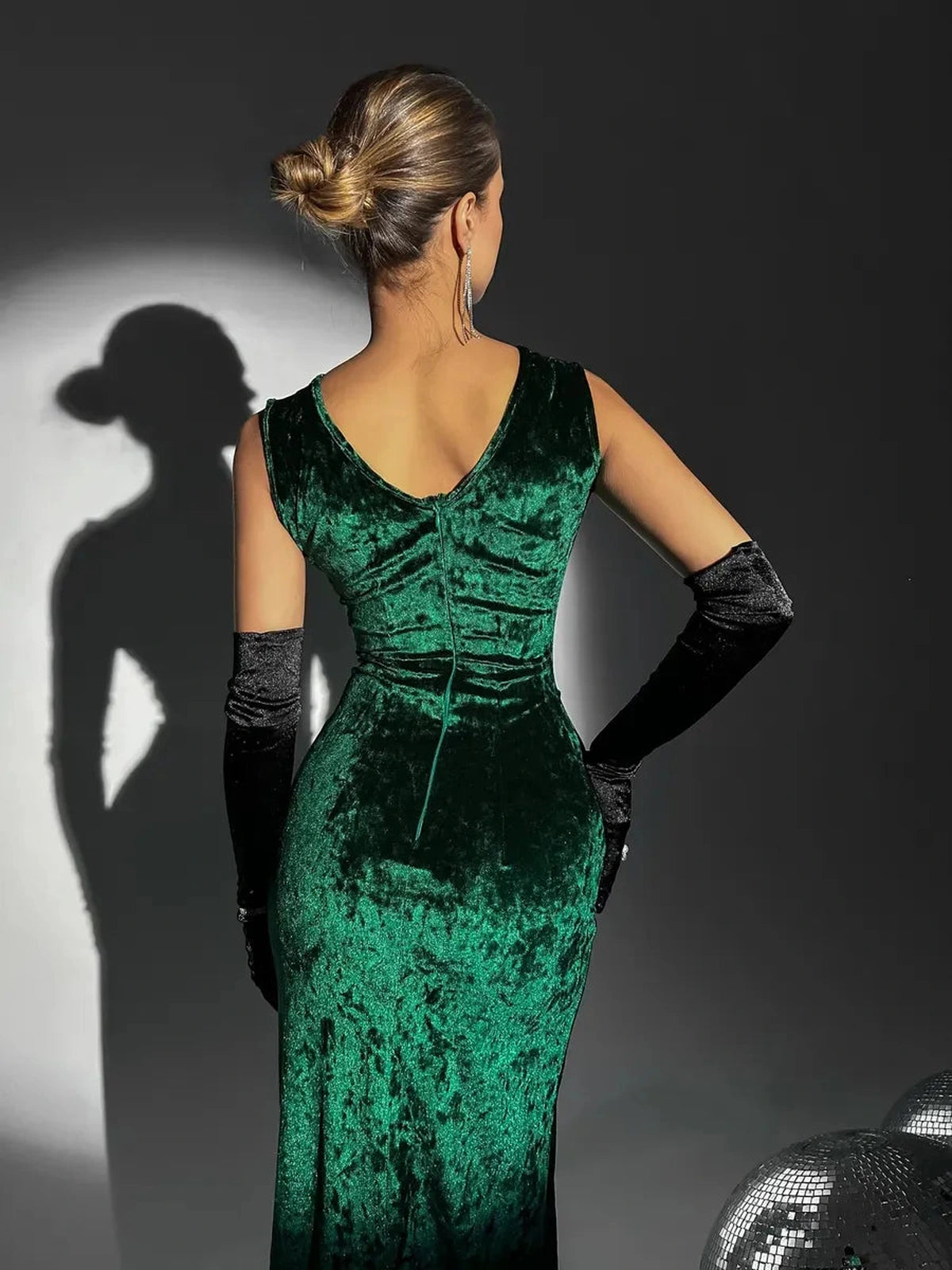Emeralda Maxi Dress by Lauven featuring luxurious emerald green velvet and elegant draping.