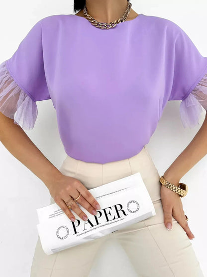Lavande Blouse by Lauven, lilac short sleeve blouse with sheer ruffle detail, perfect for effortless sophistication.
