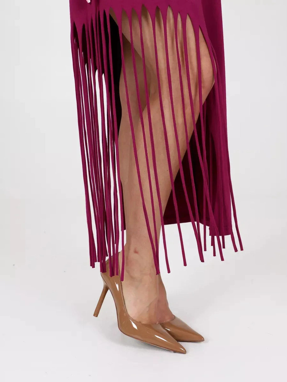 Riviera Midi Dress by Lauven featuring asymmetrical fringe hem and sophisticated heels.