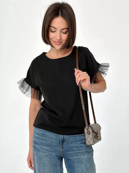 Noiré Blouse by Lauven - Elegant short sleeve black blouse with tulle ruffle detail.