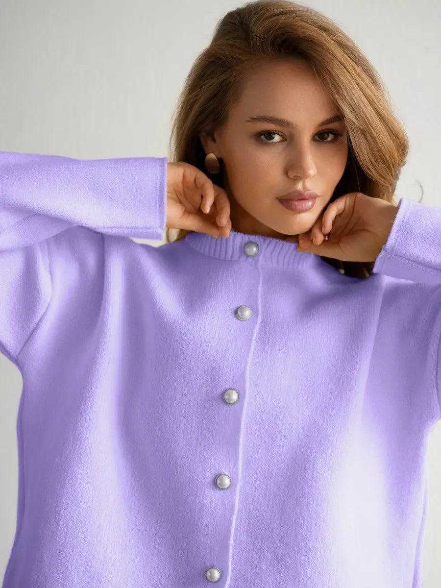 Lavina Cardigan by Lauven featuring a cropped lilac knit design with pearl button closure.