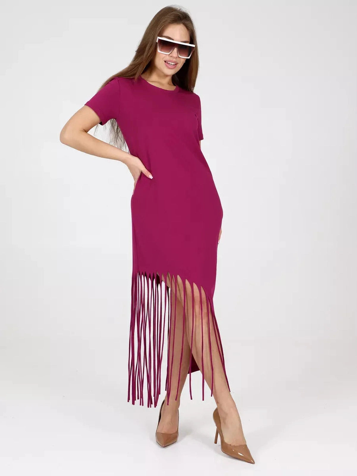 Riviera Midi Dress by Lauven, featuring a relaxed fit with fringe hem, perfect for casual elegance.