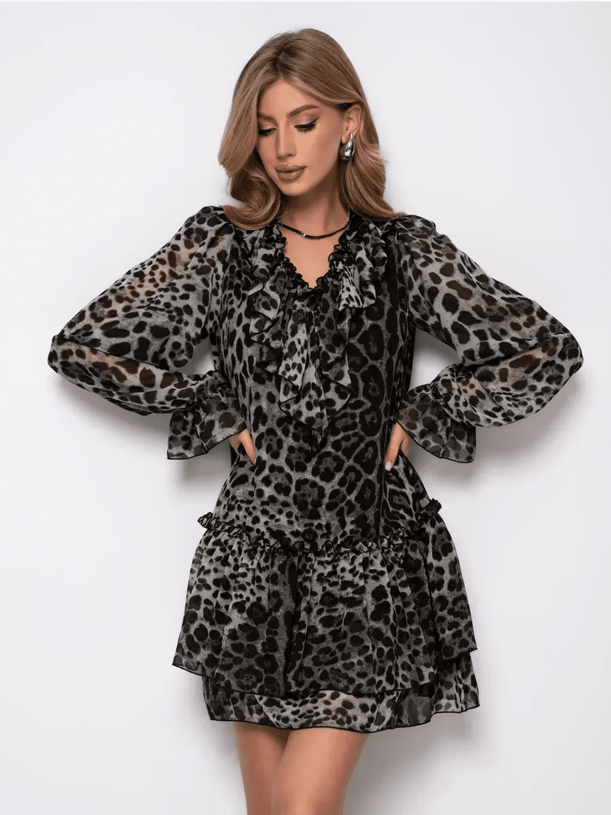 Lunara Mini Dress by Lauven in metallic gray leopard chiffon, featuring flowy A-line silhouette and elegant details.