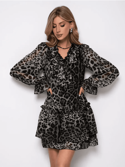 Lunara Mini Dress by Lauven in metallic gray leopard chiffon, featuring flowy A-line silhouette and elegant details.