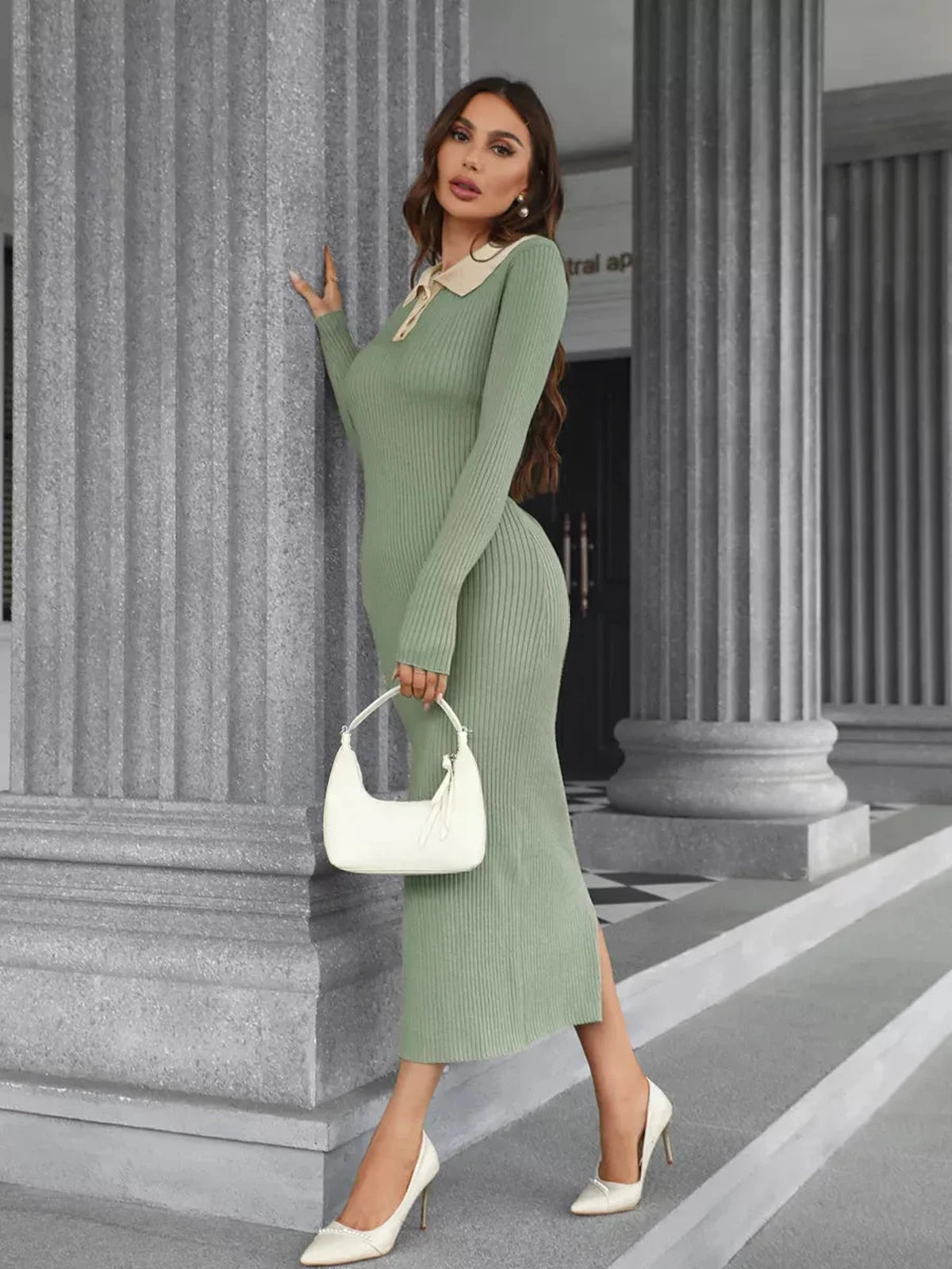 Sage Midi Dress by Lauven, featuring a ribbed knit design, button detail, and contrasting collar in soft sage green.