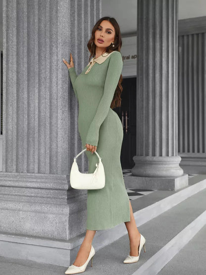 Sage Midi Dress by Lauven, featuring a ribbed knit design, button detail, and contrasting collar in soft sage green.