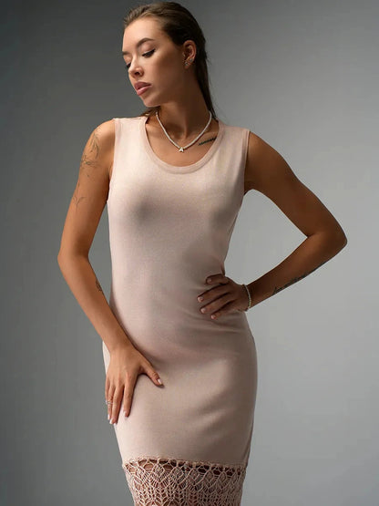 Elara Midi Dress by Lauven, showcasing effortless beige knit with romantic crochet detailing.