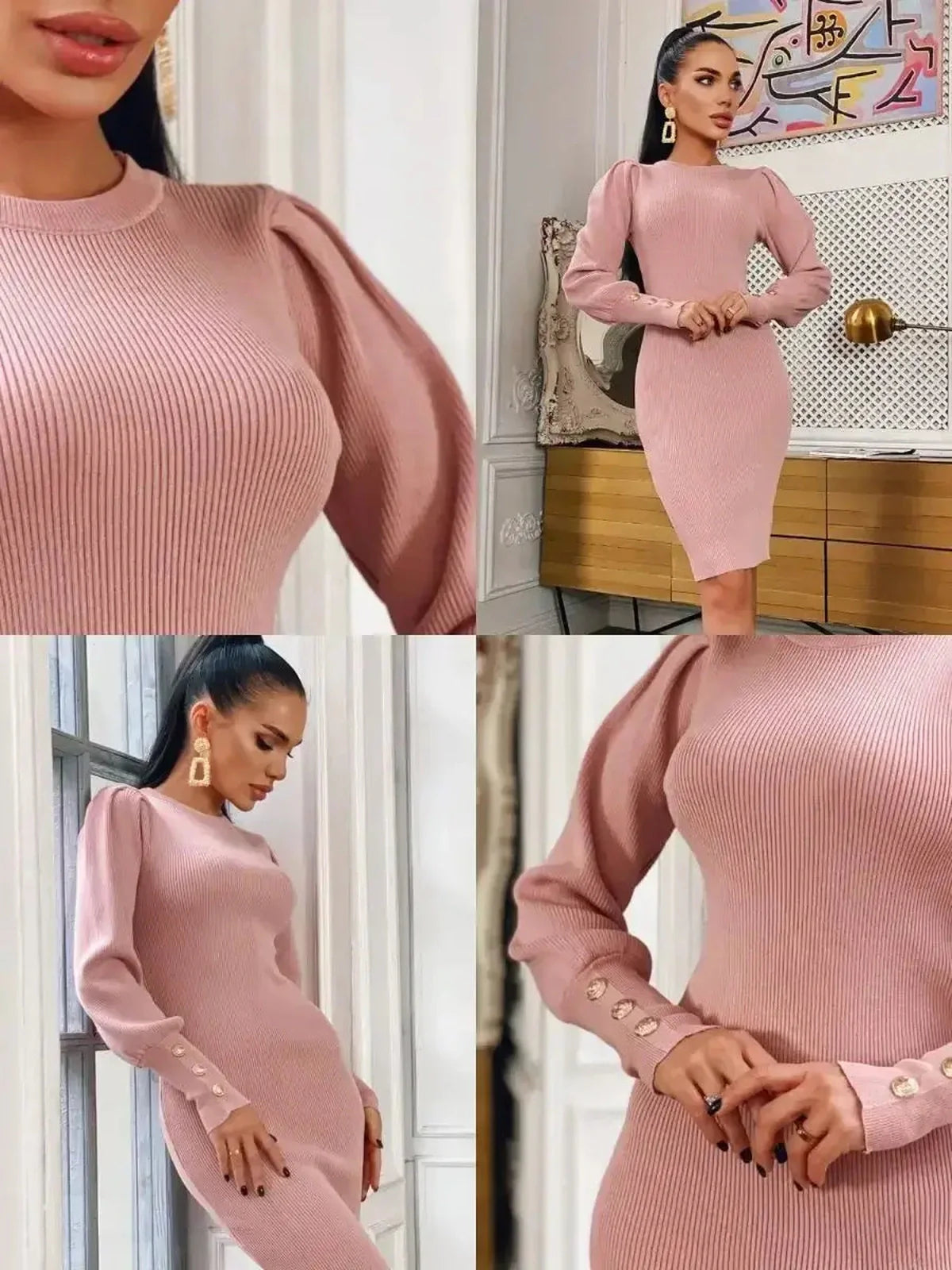 Stylish woman in a blush mini dress with puff sleeves and gold-tone buttons, showcasing chic elegance and flattering fit.