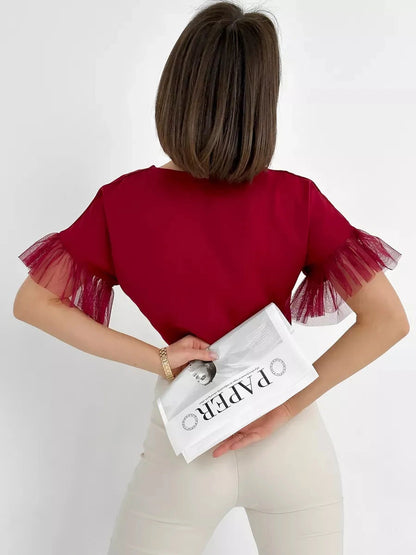 Velora Blouse by Lauven, featuring a burgundy hue and sheer ruffle sleeves, perfect for stylish comfort.