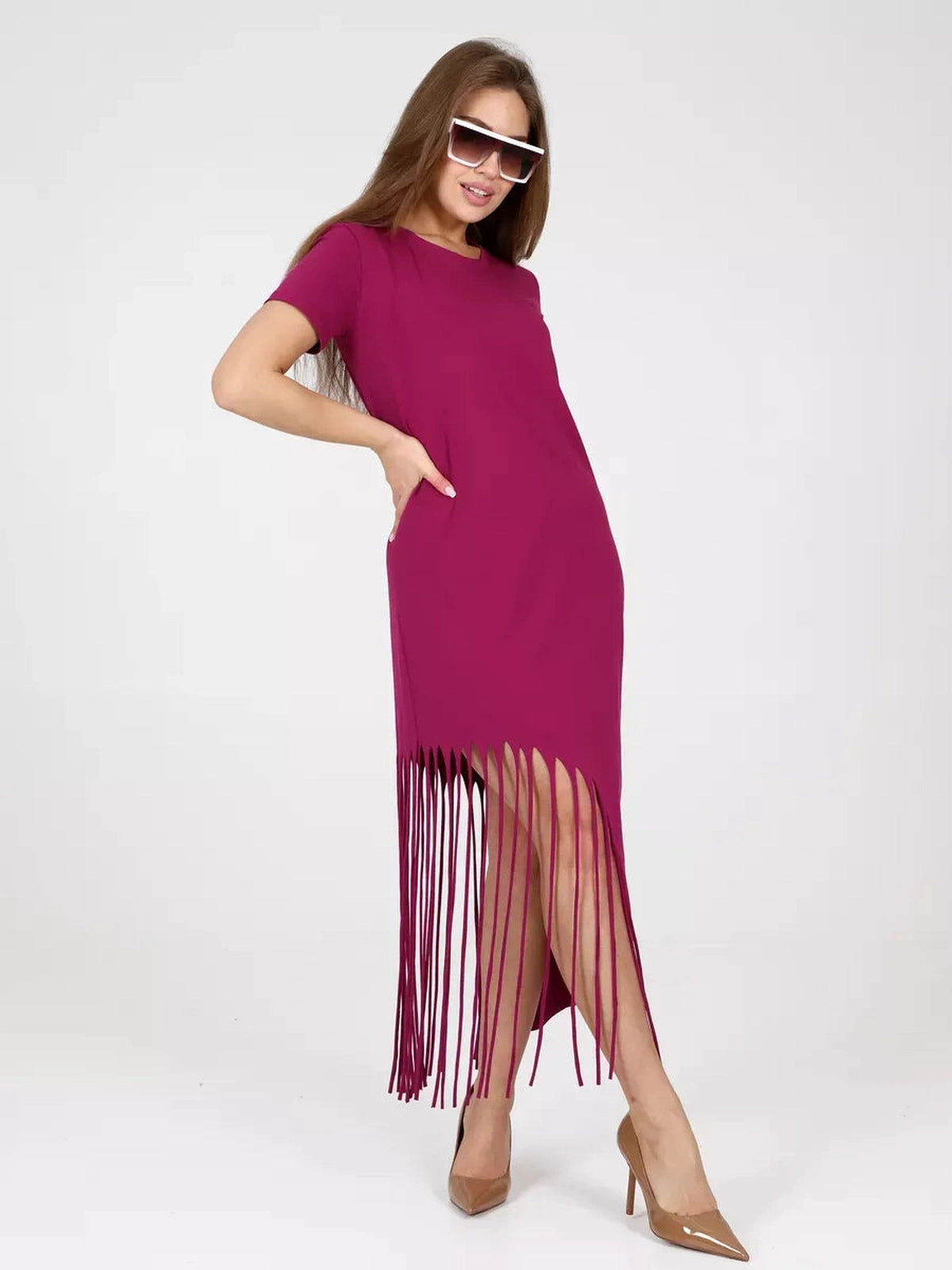 Riviera Midi Dress by Lauven in a vibrant magenta color with fringe hem and relaxed fit, perfect for casual elegance.