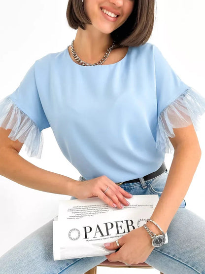 Celeste Blouse by Lauven, light blue silky short sleeve top with tulle details, perfect for any occasion.