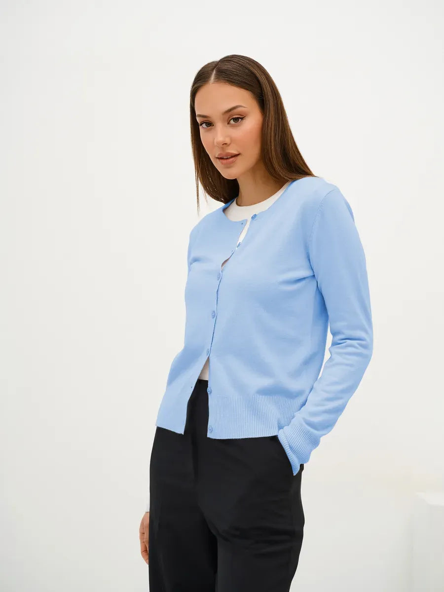 Celeste Cardigan by Lauven in lightweight blue knitwear with button closure, perfect for versatile layering.