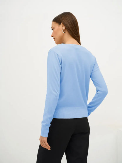 Celeste Cardigan by Lauven - Lightweight blue knitwear with button closure, featuring a back view.