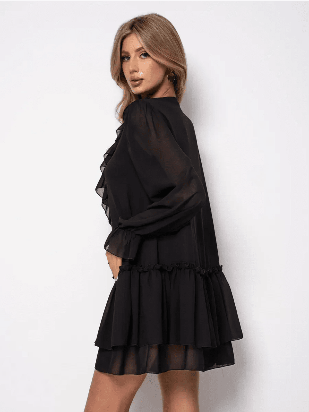 Noirelle Mini Dress by Lauven, elegant black chiffon dress with ruffled layers, showcasing a sophisticated silhouette.