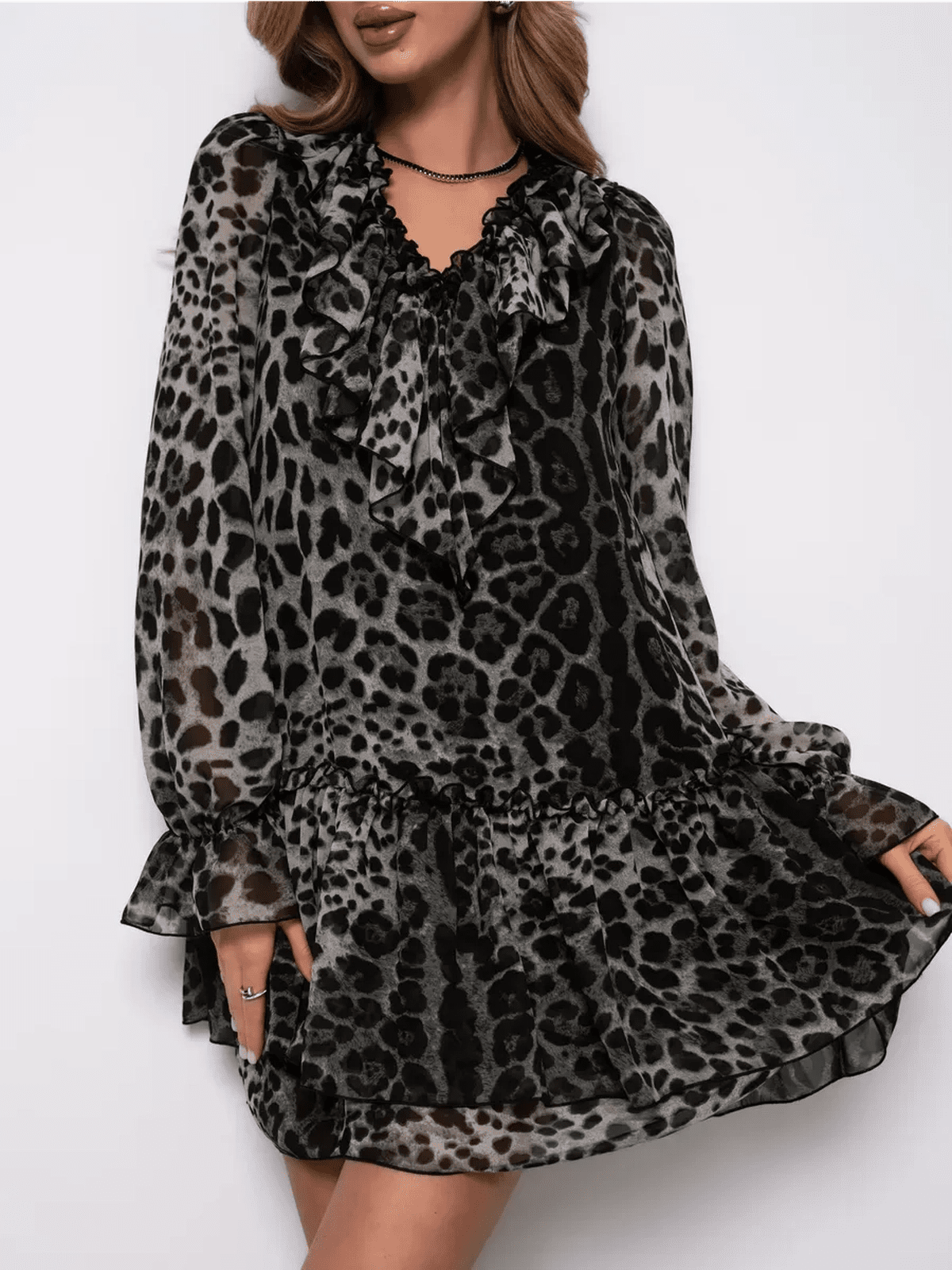 Lunara Mini Dress by Lauven in metallic gray leopard chiffon, showcasing elegant ruffles and a flattering silhouette.