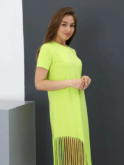 Luma Midi Dress by Lauven, lime cotton midi dress with fringe hem, showcasing relaxed fit and vibrant color.