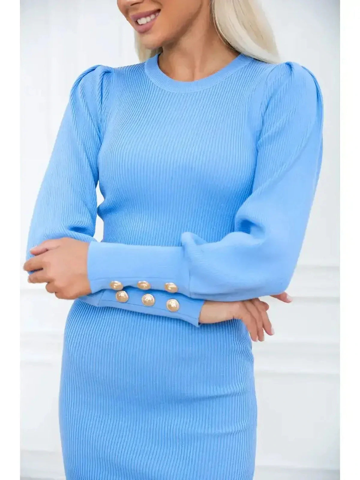 Azure mini dress featuring long sleeves, ribbed texture, and gold-tone buttons for a sophisticated look.