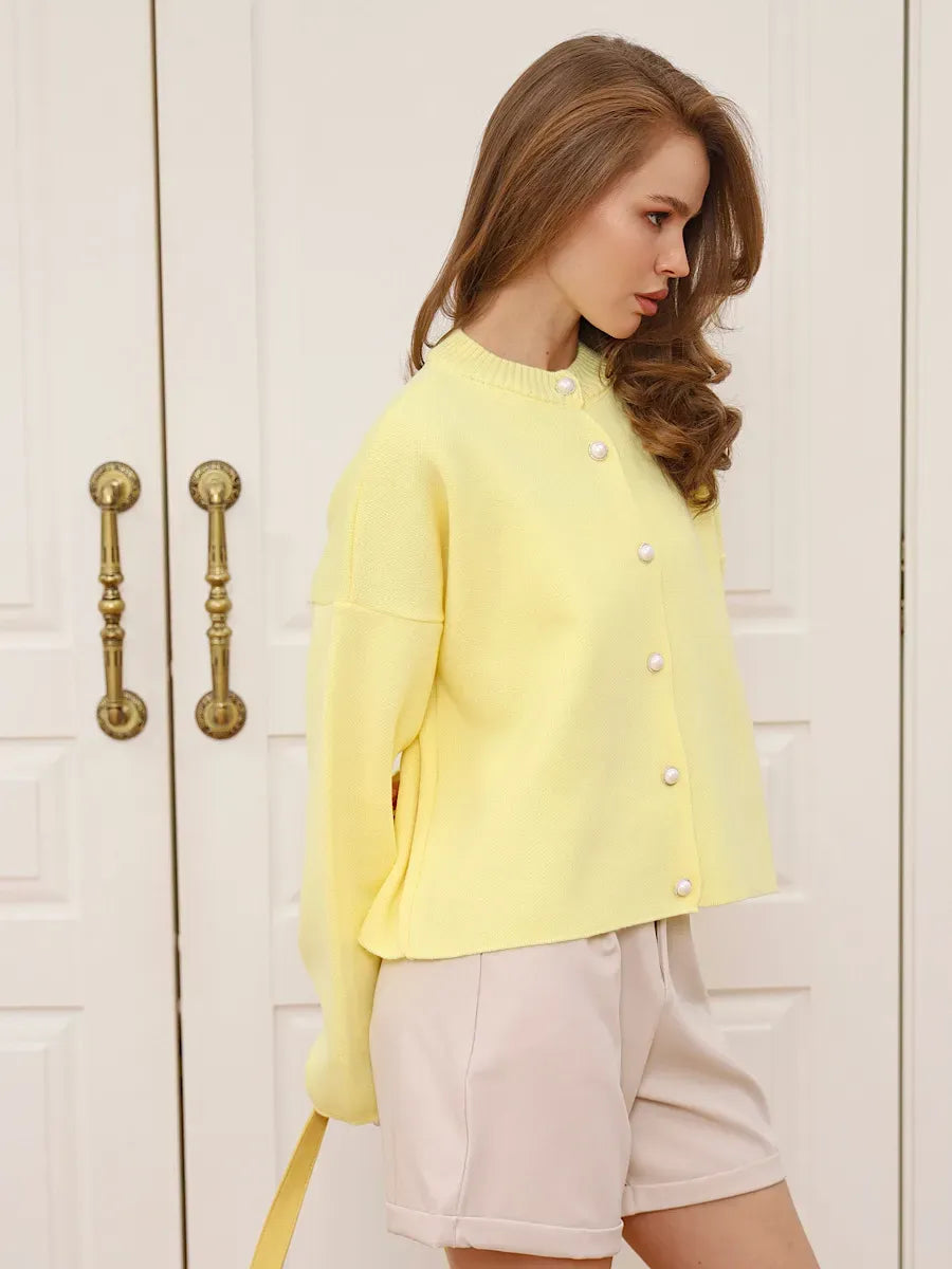 Lemonade Cardigan by Lauven - Cropped lemon yellow knit with pearl button closure, perfect for spring and summer.