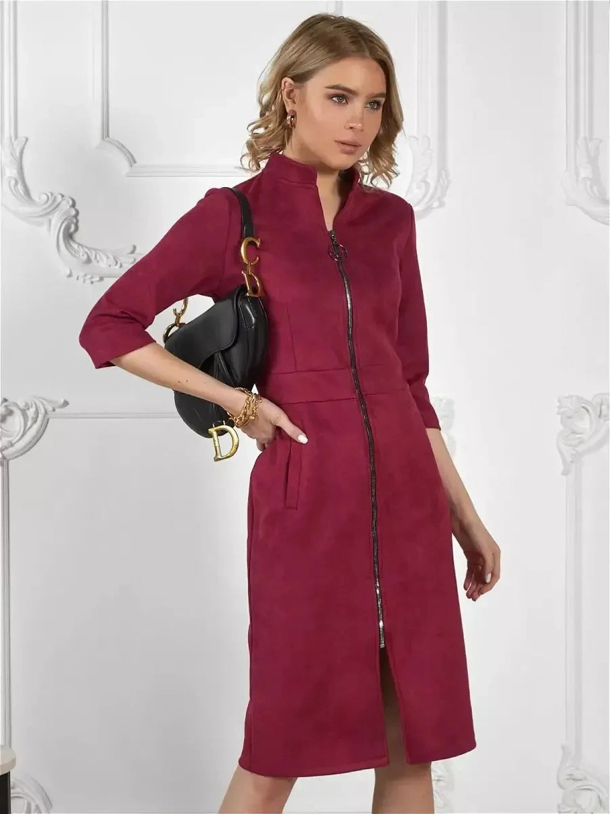 Meridian Mini Dress by Lauven in burgundy with structured zip-front and elegant silhouette.