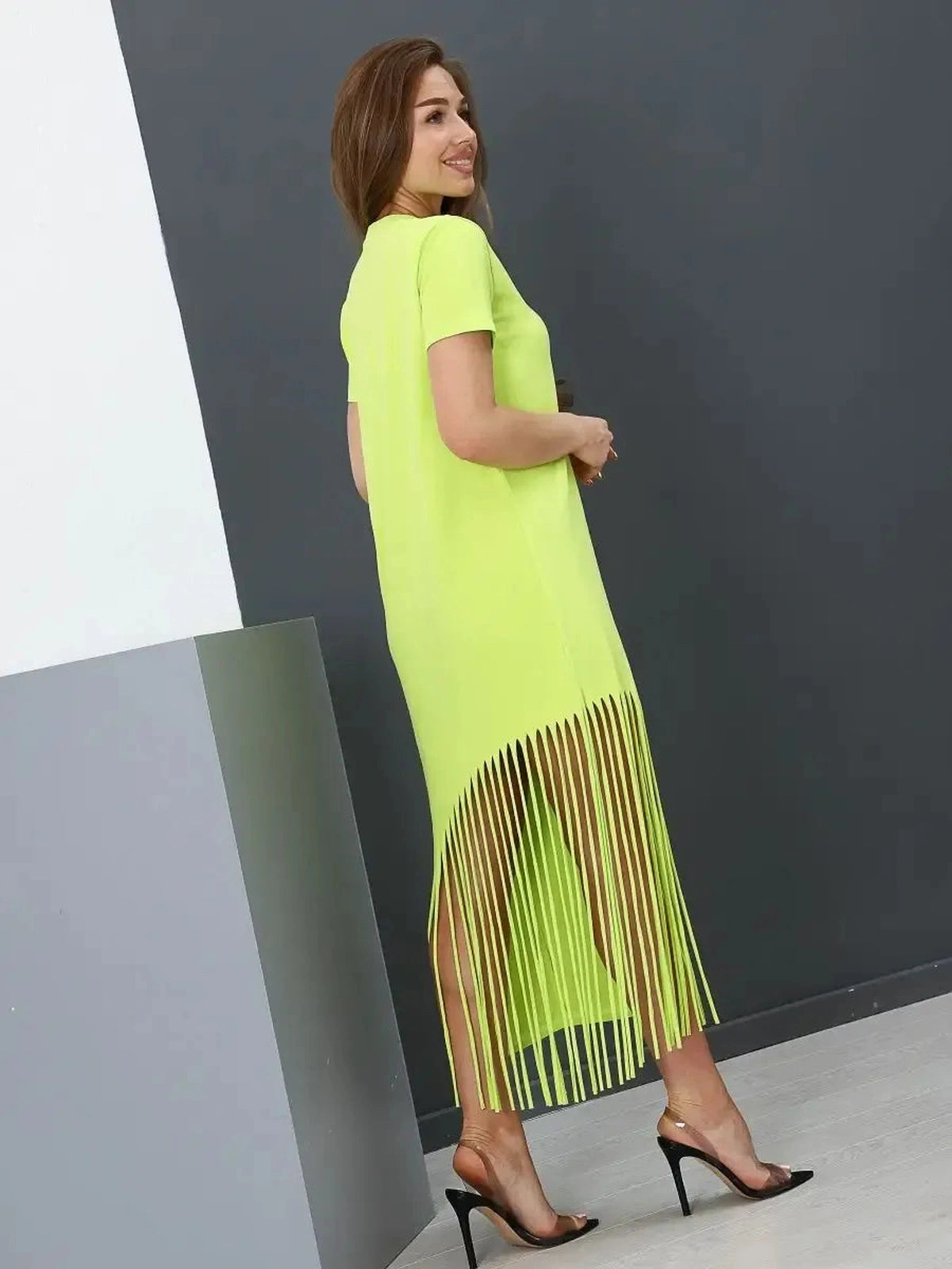 Luma Midi Dress by Lauven, lime cotton dress with fringe hem, relaxed fit, perfect for casual sophistication.