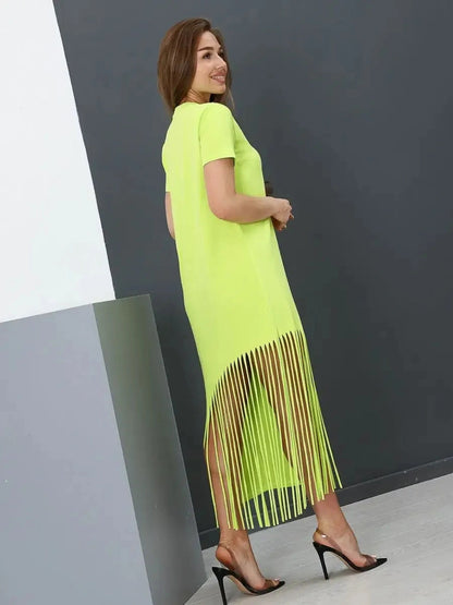 Luma Midi Dress by Lauven, lime cotton dress with fringe hem, relaxed fit, perfect for casual sophistication.
