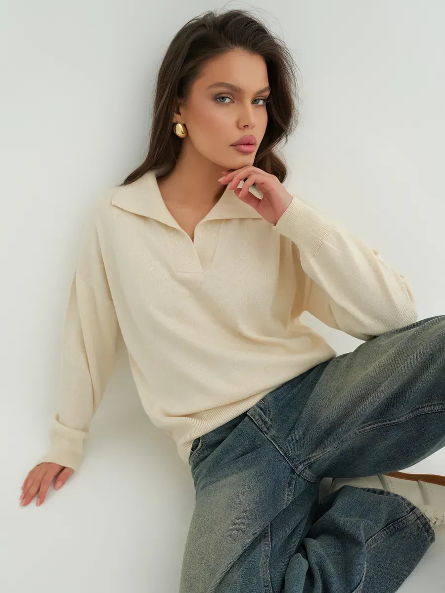 Linen Sweater by Lauven, showcasing an oversized light beige knit with subtle print, perfect for stylish spring layering.