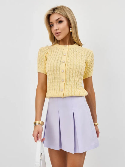 Solara Cardigan by Lauven in breathable cotton-acrylic knitwear, featuring a soft yellow color and short sleeves.