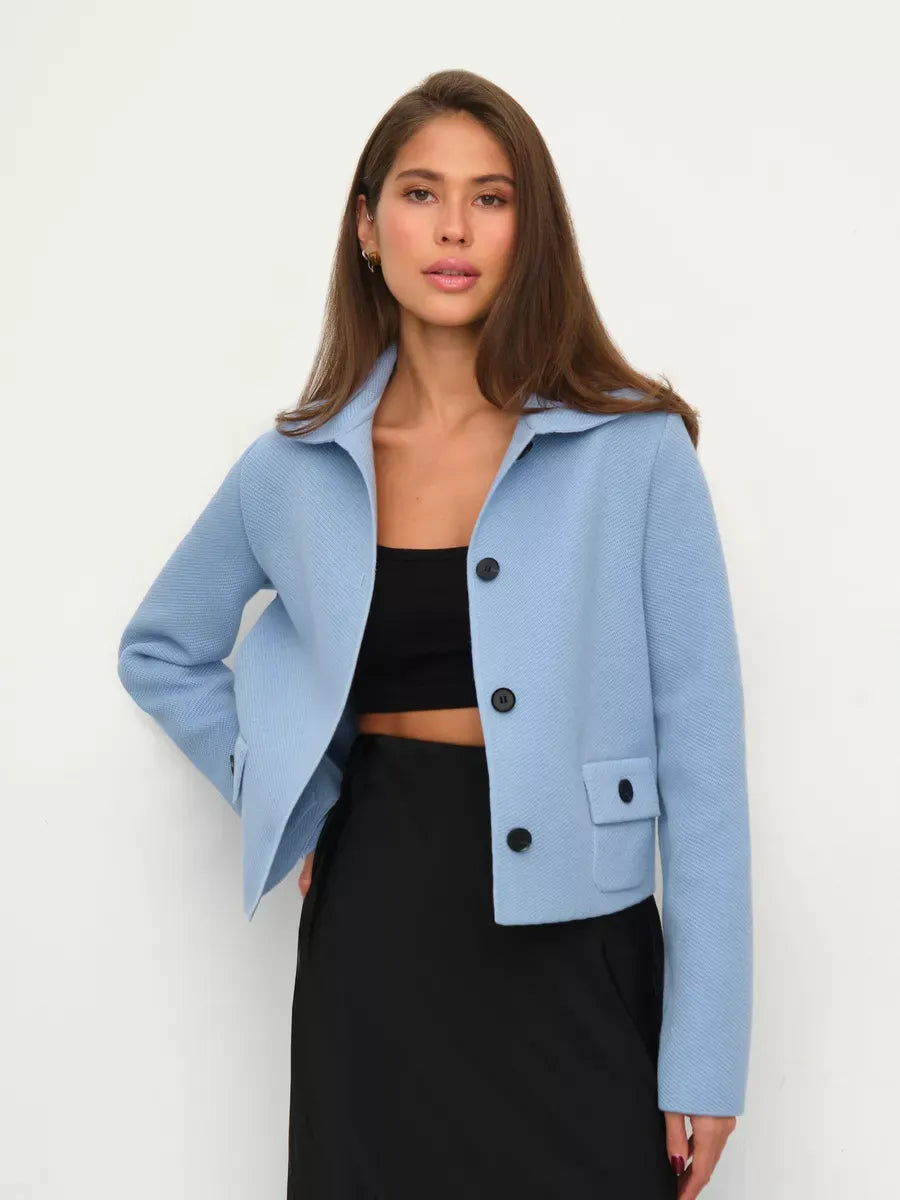 Lazio Jacket by Lauven - Cropped light blue women's jacket with button closure and structured silhouette.