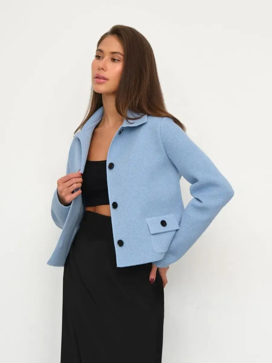 Lazio Jacket by Lauven - Cropped light blue women's jacket with button closure for modern elegance.