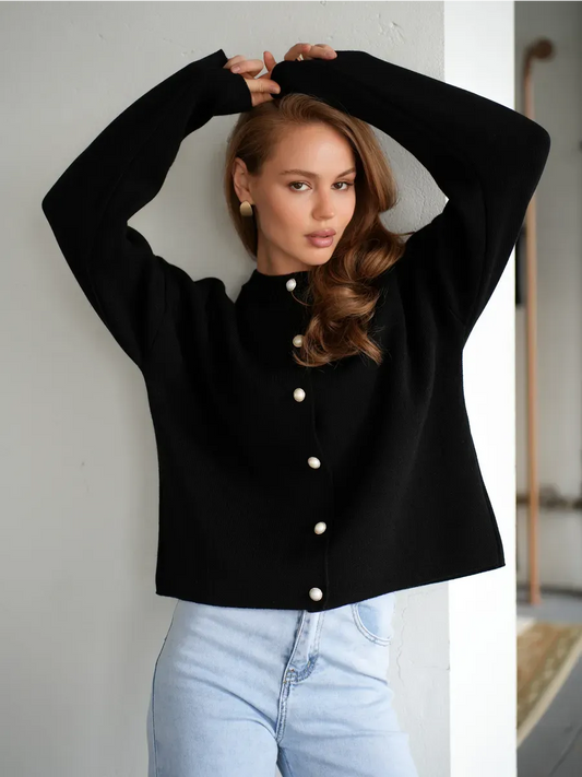 Noir Cardigan by Lauven - Classic black knit with pearl button closure for women, perfect for transitional seasons.