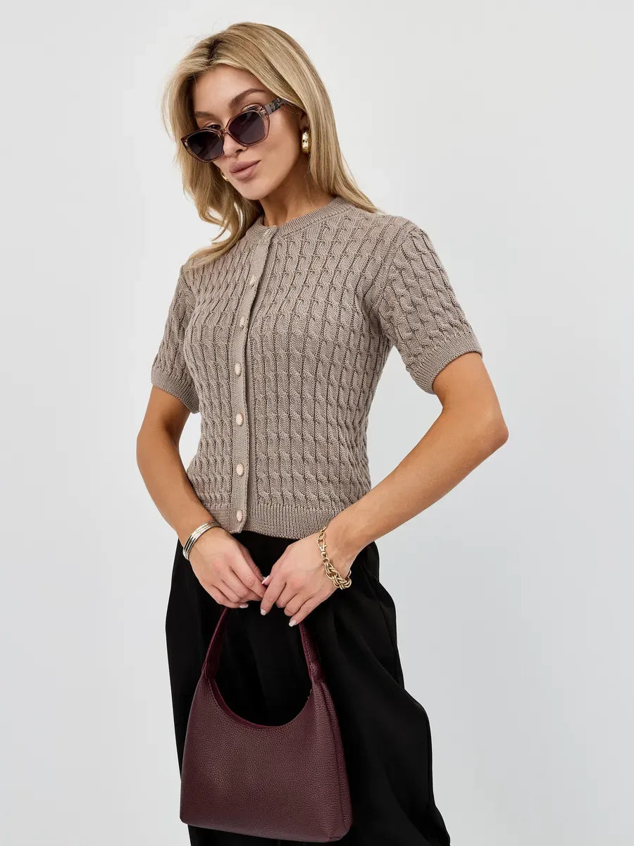 Capri Cardigan by Lauven in breathable cotton-acrylic knitwear, styled with sunglasses and handbag.