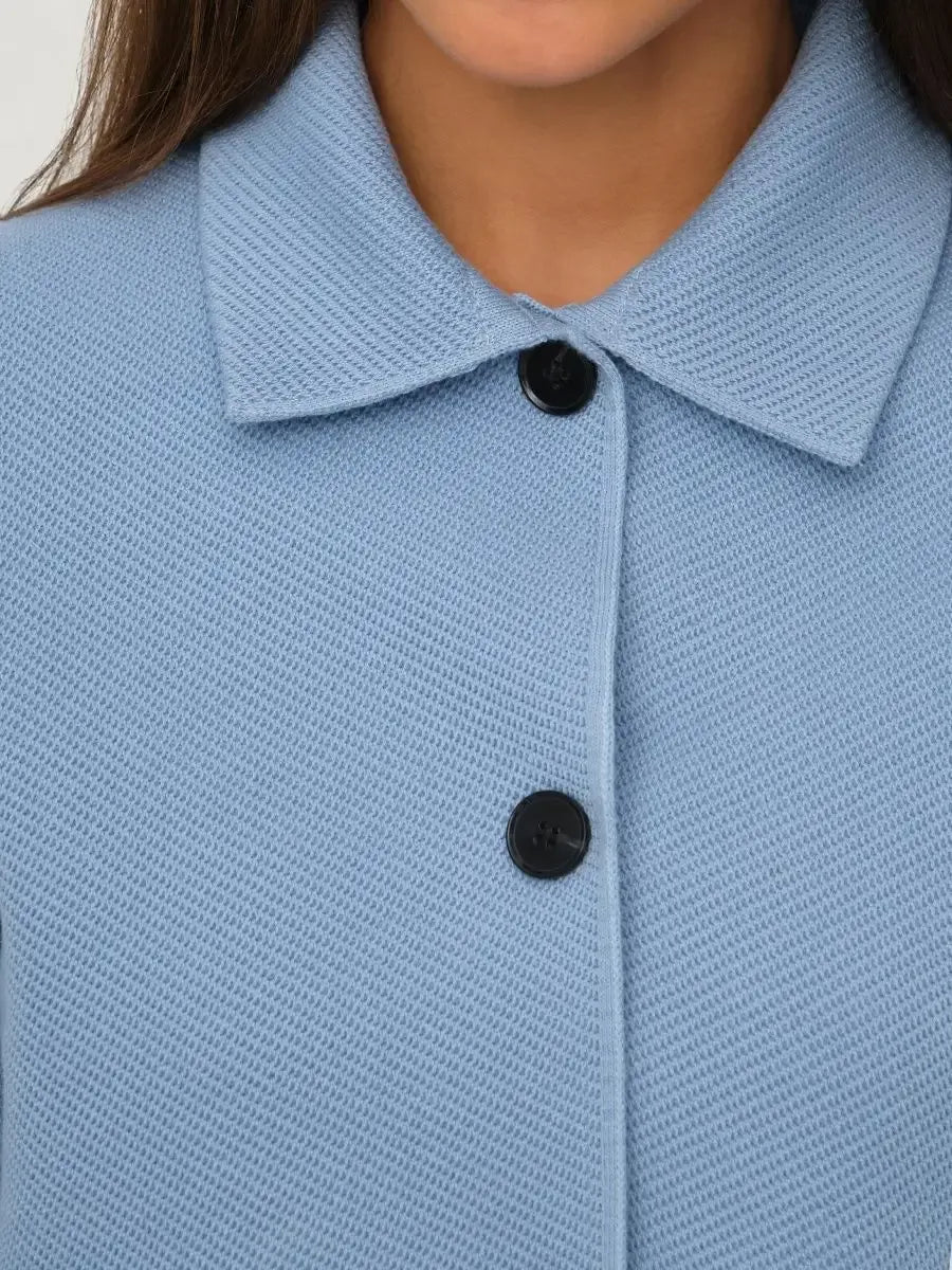 Lazio Jacket by Lauven - Light blue cropped women's jacket with button closure and textured fabric.