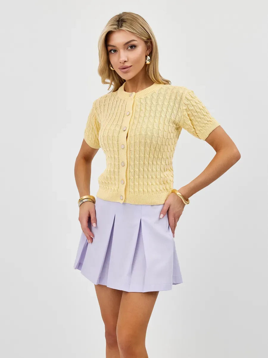 Solara Cardigan by Lauven in soft yellow cotton-acrylic knitwear, perfect for spring and summer.