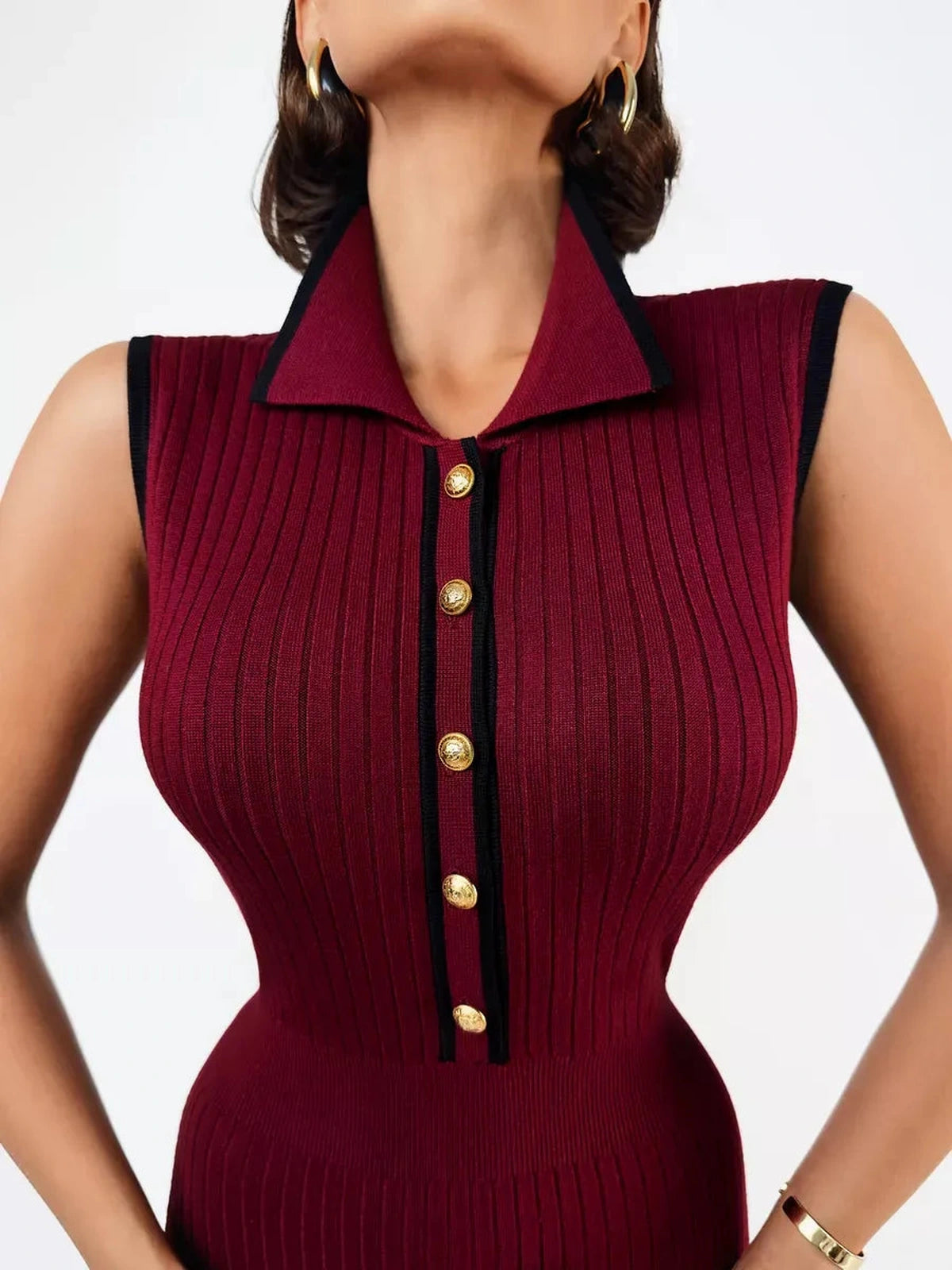 Vespera Midi Dress by Lauven in deep burgundy, showcasing ribbed knit fabric and elegant gold-tone buttons.